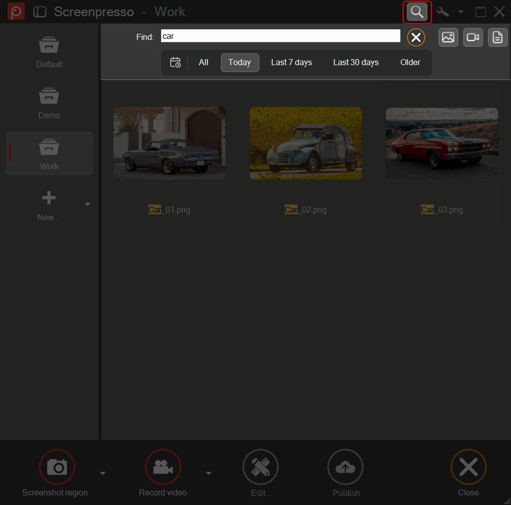 Find captures by name, file type, and date